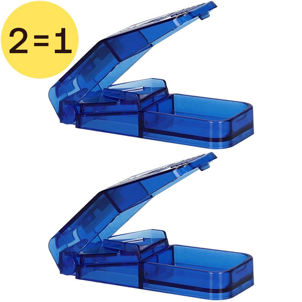 Twee blauwe pillensnijders. Gele cirkel met "2=1".