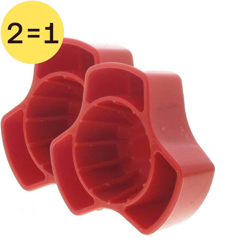 Deux ouvre-capsules rouges en plastique. Cercle jaune avec l'inscription "2=1".