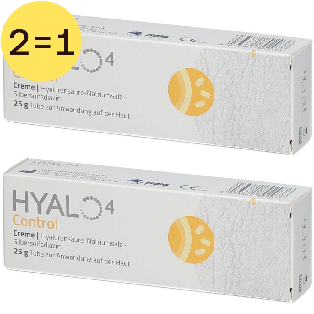 Twee witte dozen met productinformatie. Gele markering met "2=1". Gedrukt: HYAL 4 Control Crème. Bevat Hyaluronsäure-Natriumsalz.