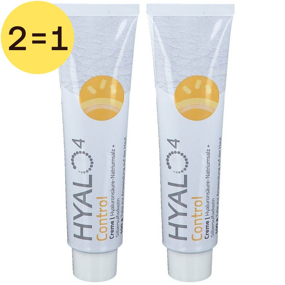 Twee tubes HYALO4 Control crème, wit, met gele logo en tekst. Geel 2=1 promotielabel.