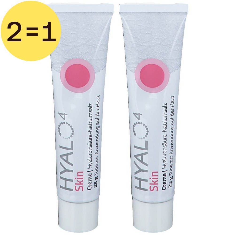 Twee tubes crème met HYALO4 Skin. Gele cirkel met 2=1.