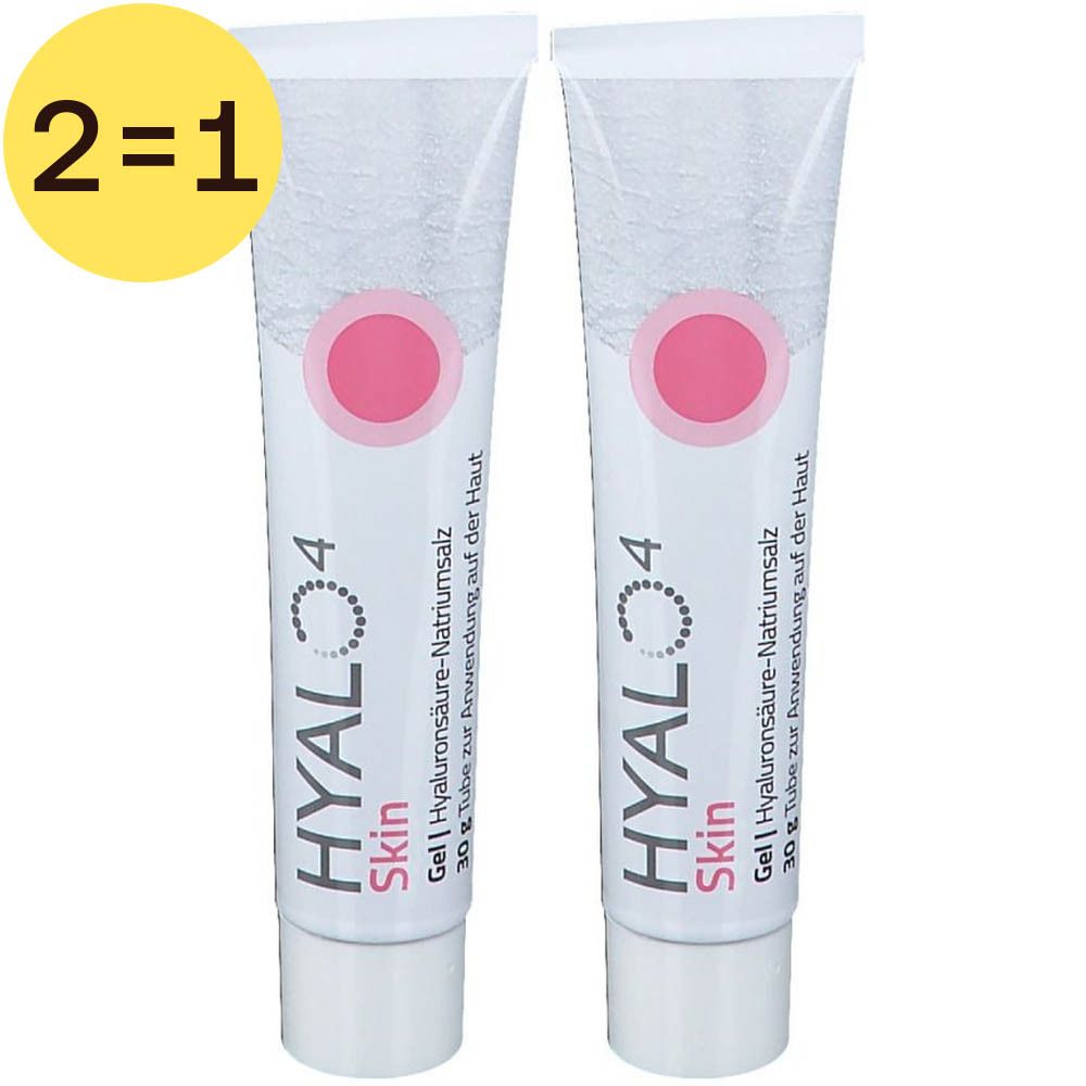 Twee tubes Hyalo4 Skin gel. Witte tubes met roze cirkel en tekst. Gel | Hyaluronzuur-natriumzout. 2=1 sticker.