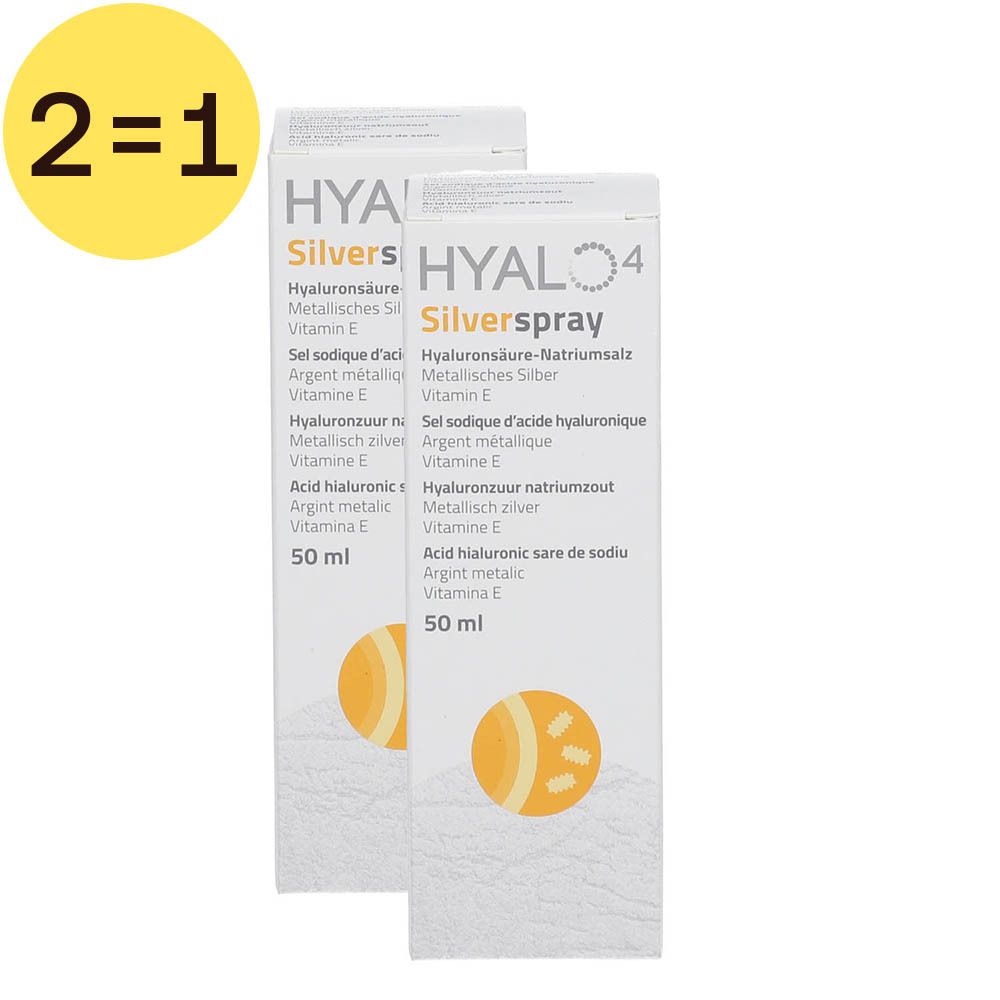 Twee verpakkingen HYALO4 Silverspray. Witte verpakking met productinfo en geel logo. "2=1".