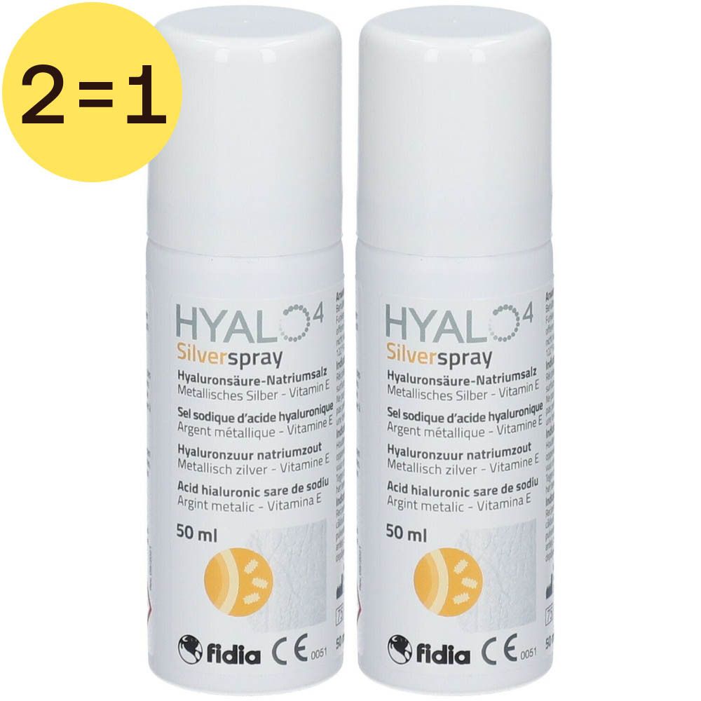 Twee witte sprays met HYALO4 Silverspray. Gele sticker "2=1". Meertalige opschriften.