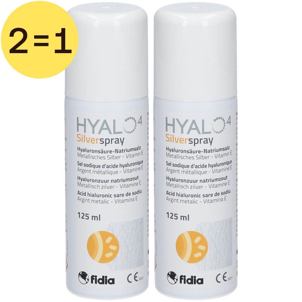 Twee witte spuitflessen met labels. Gele cirkel met "2=1". 