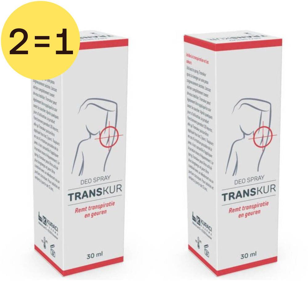 Twee witte dozen met rode rand. Opschrift: TRANSKUR Deo Spray. Illustratie van een arm met rode cirkel. Sticker 2=1.