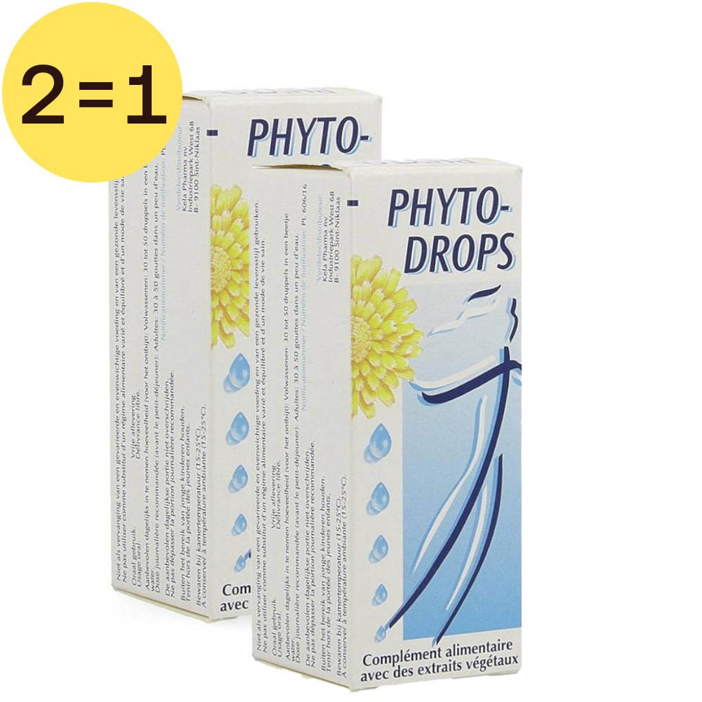 Deux boîtes de "Phyto-Drops". Inscription "2=1". Les boîtes présentent des gouttes et une fleur.