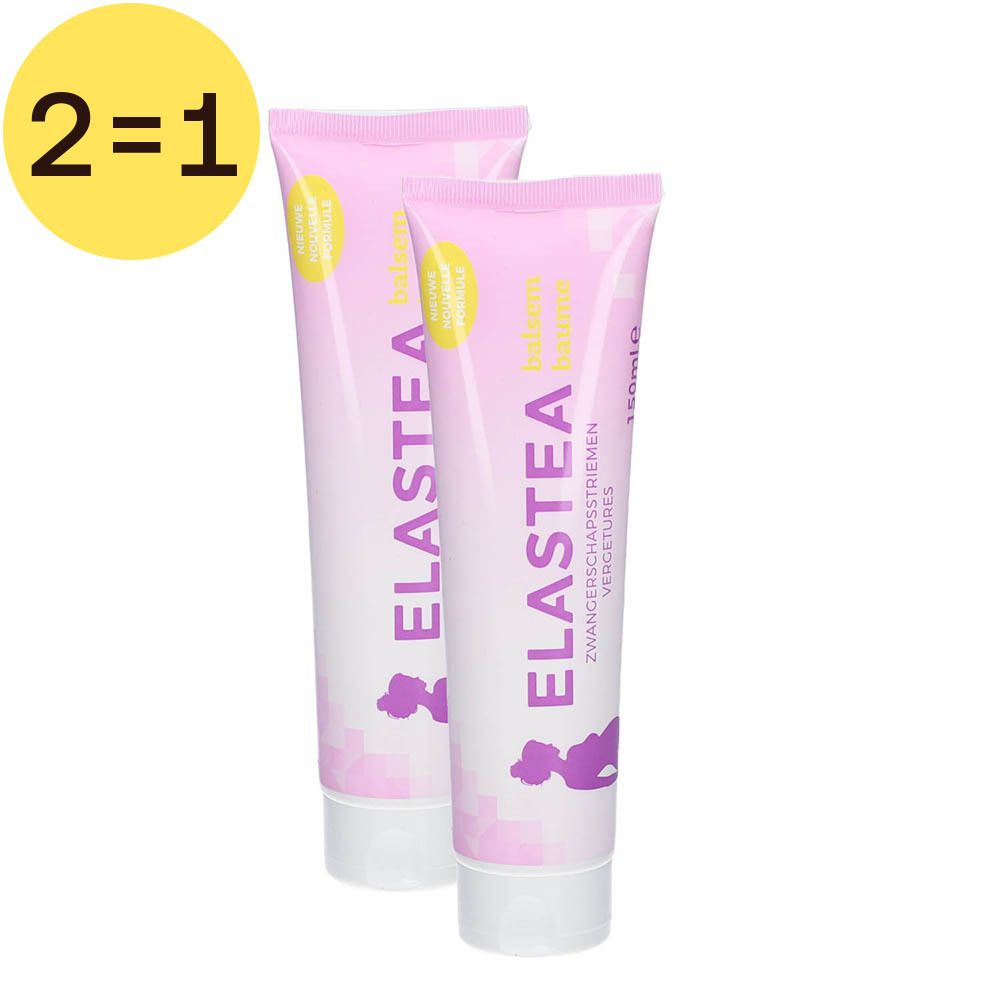 Twee tubes Elastea crème, roze-wit. Opschrift Elastea, 2=1. Tekst: Zwangerschapsstriemen, Vergetures. Gele cirkel.