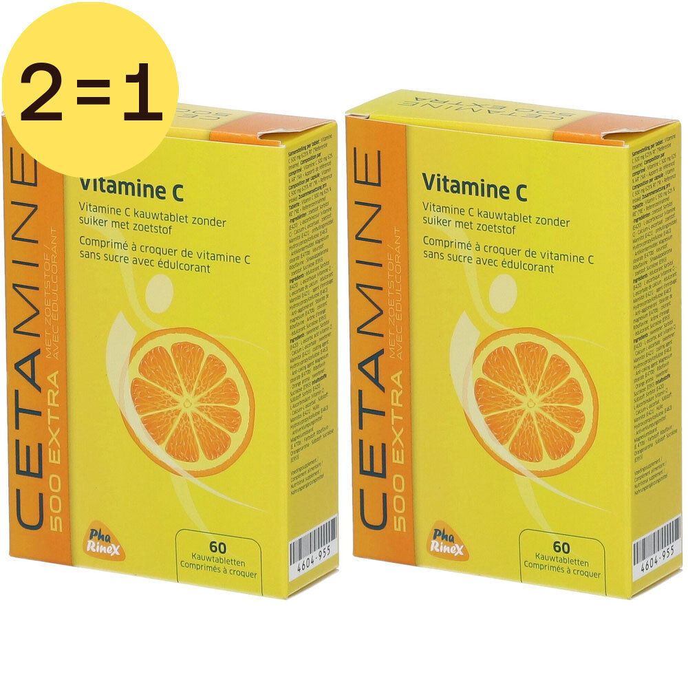 Twee gele dozen met "CETAMINE EXTRA" en "Vitamine C". Sinaasappel illustratie. Tekst: "2=1". 