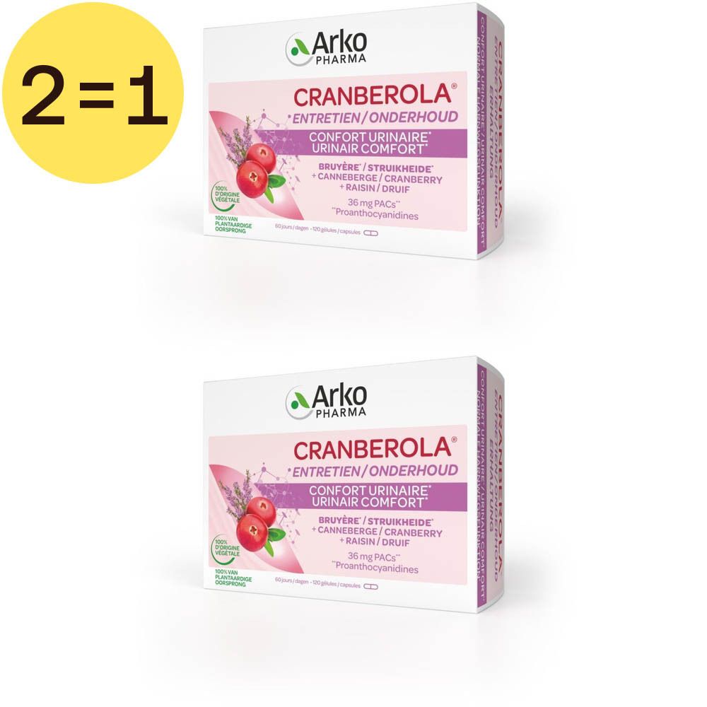 Twee dozen Cranberola® Entretien/Onderhoud. Opschrift: "Confort Urinaire", veenbes, heide, 2=1.