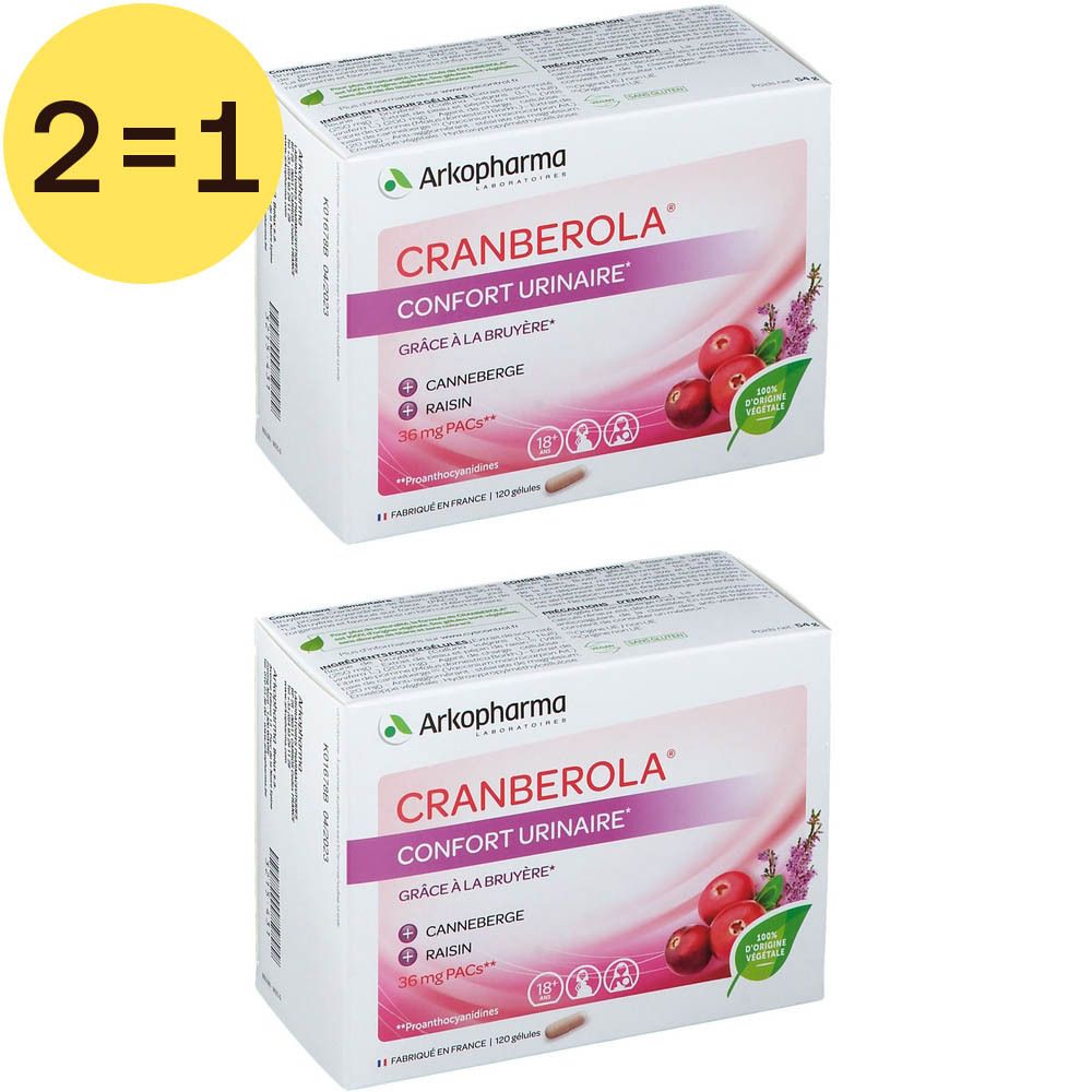 Deux boîtes de Cranberola® Confort Urinaire. Inscription: "Confort Urinaire", canneberge, bruyère, 2=1.