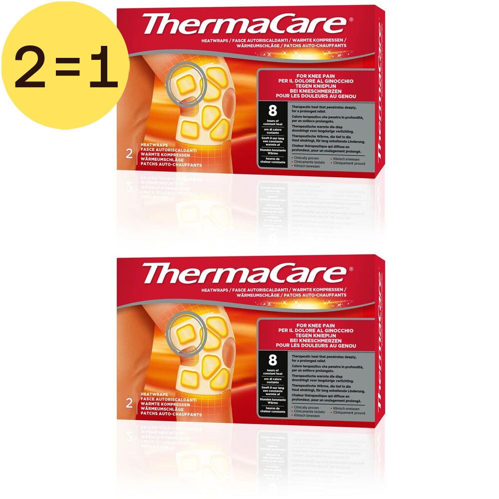 Deux boîtes de patchs chauffants pour genou ThermaCare. Emballage rouge avec illustration et texte. Offre 2 pour 1.