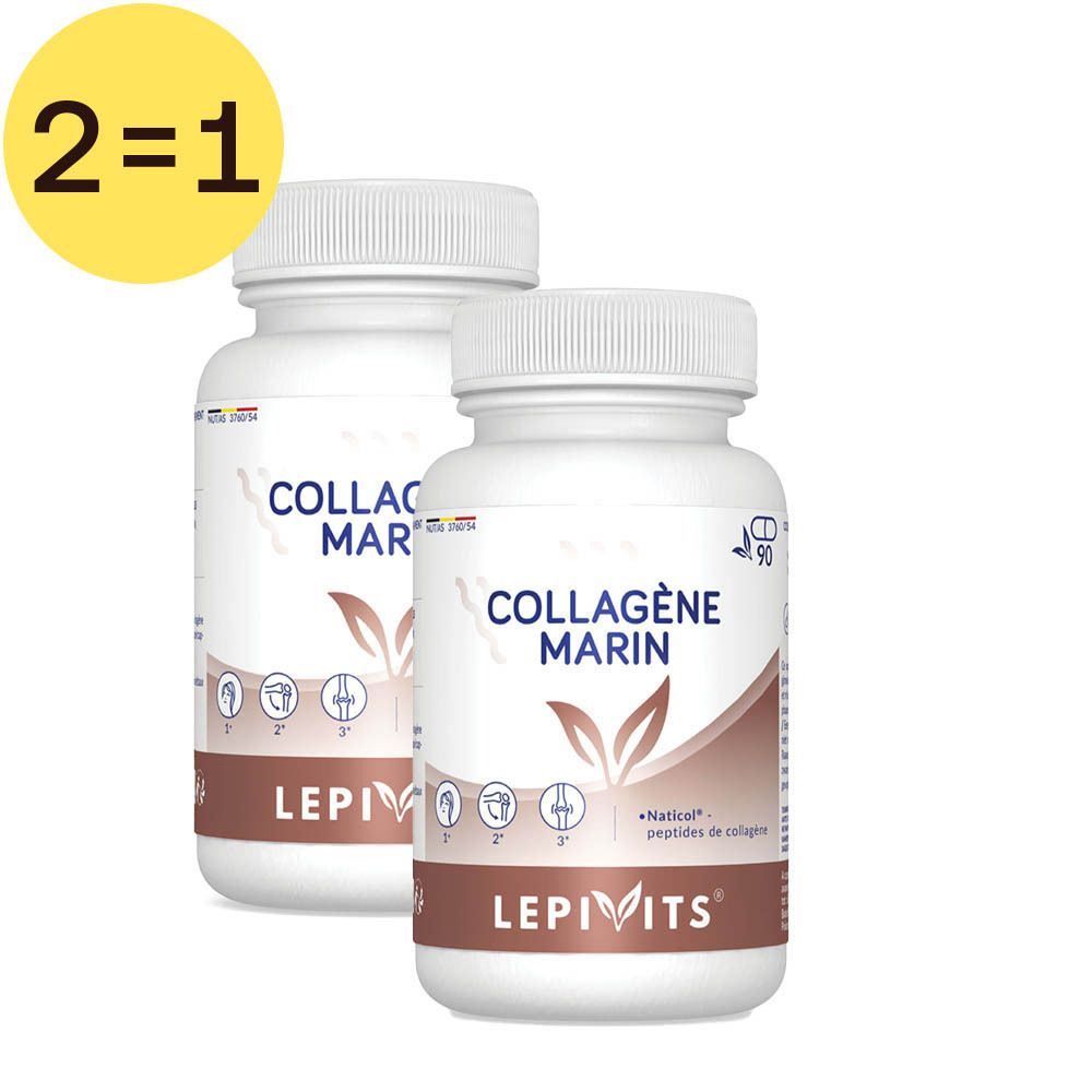 Twee witte flessen met capsules. Opschrift: Collagène Marin, Lepivits. Gele cirkel met 2=1.
