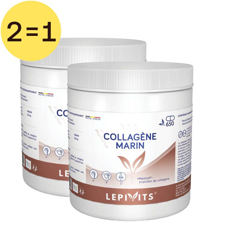 Deux pots blancs avec couvercles. Inscription: Collagène Marin, Lepivits. Étiquette jaune avec "2=1".