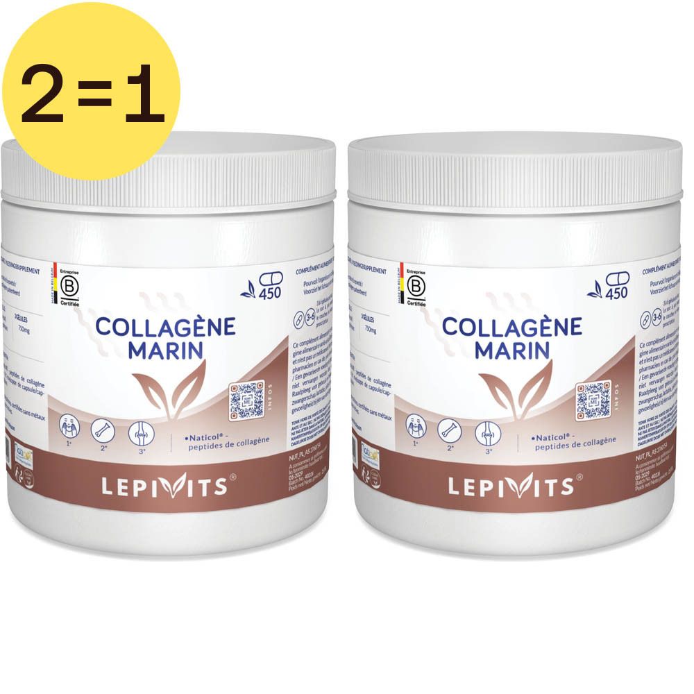 Deux pots blancs "COLLAGÈNE MARIN" et "LEPIVITS". Étiquette jaune "2=1".