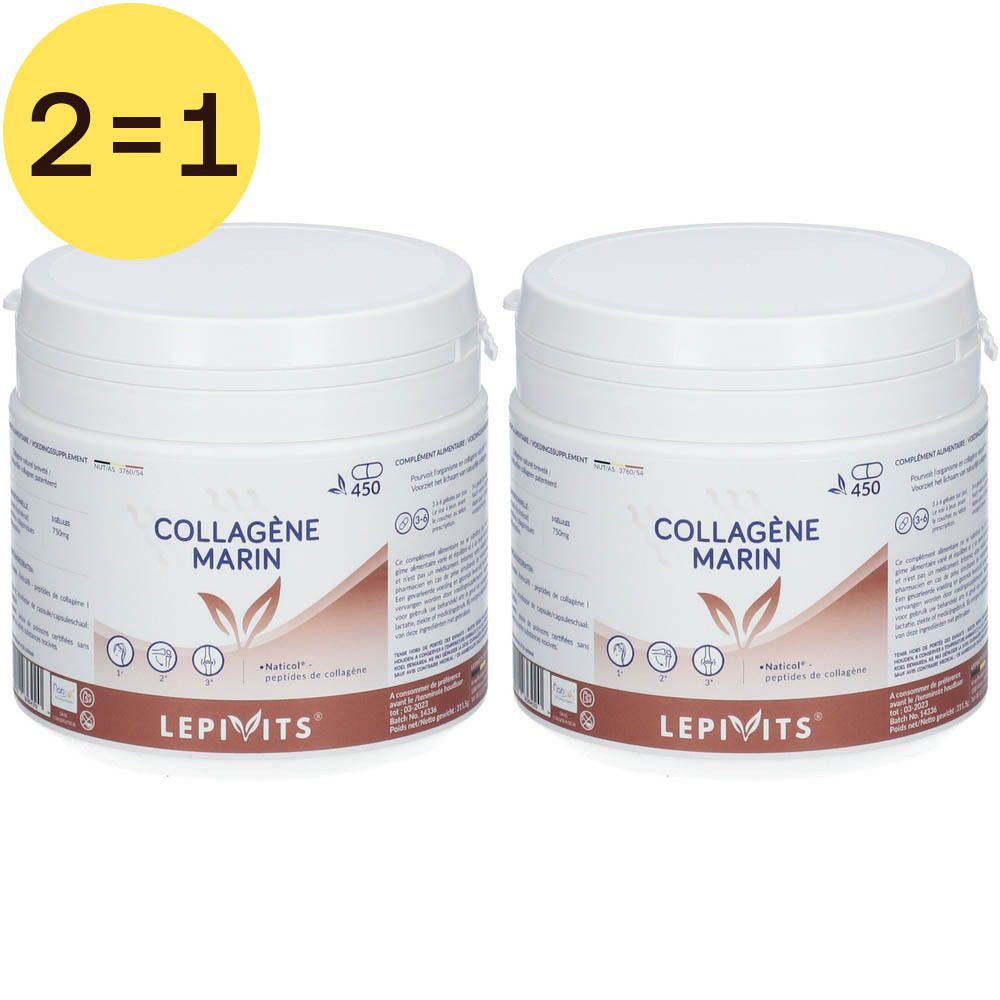 Deux pots blancs "COLLAGÈNE MARIN" et "LEPIVITS". Étiquette jaune "2=1".