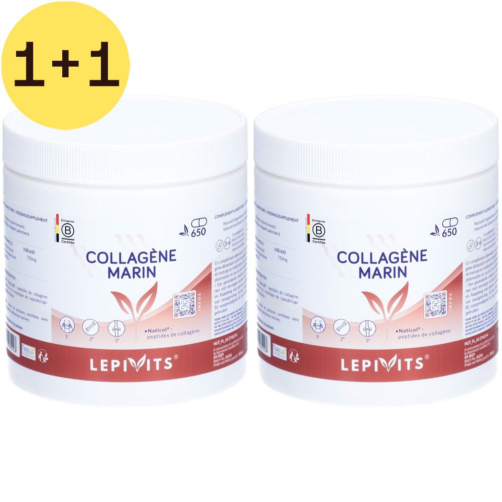 Deux pots blancs avec étiquette rouge. Inscription: Collagène Marin, Lepivits®. Avec certifications et pictogrammes.