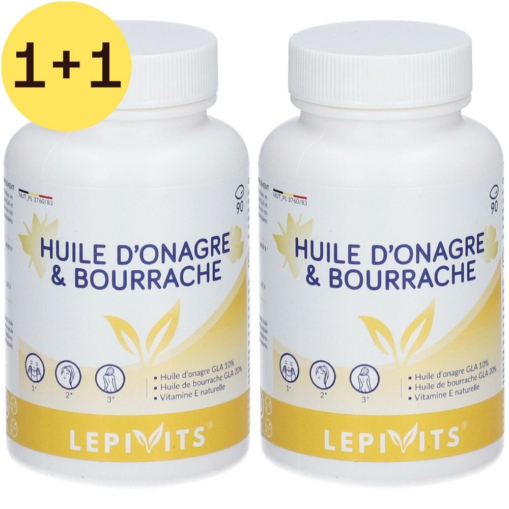 Twee witte flessen met capsules. Opschrift: Huile d'Onagre & Bourrache, Lepivits. Gele cirkel met "2=1".