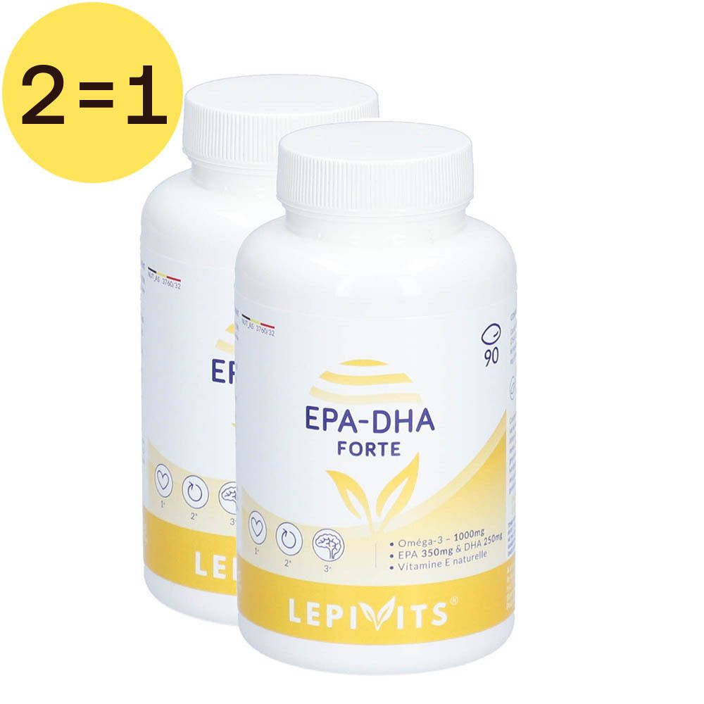 Twee witte flessen met capsules. Opschrift EPA-DHA FORTE en LEPIVITS. Gele cirkel met "2=1".
