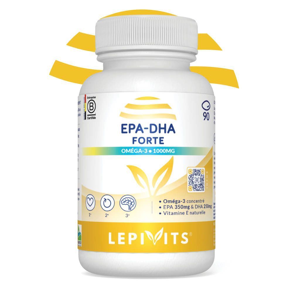 Bouteille blanche de capsules EPA-DHA Forte Oméga-3 1000mg, marque Lepivits.