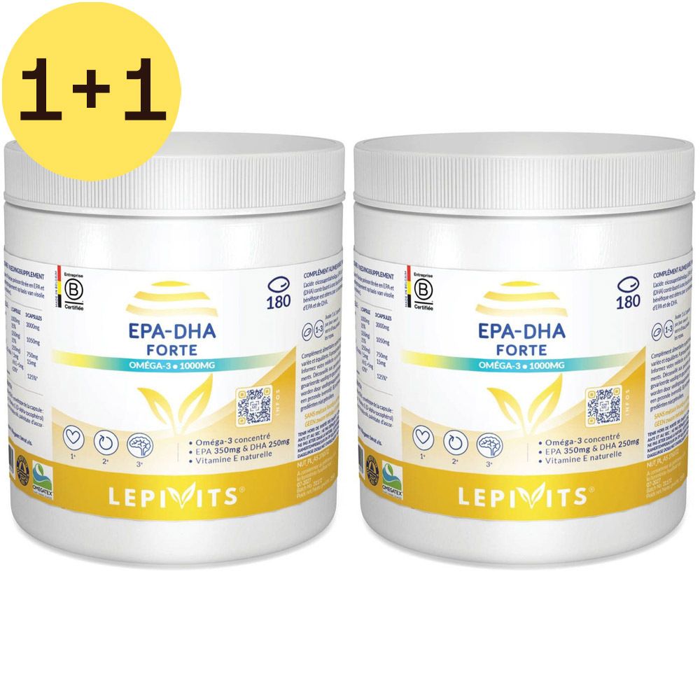 Twee witte potten EPA-DHA Forte. Geel etiket met productinfo en logo. Opschrift: 2=1. Bevat 180 capsules.