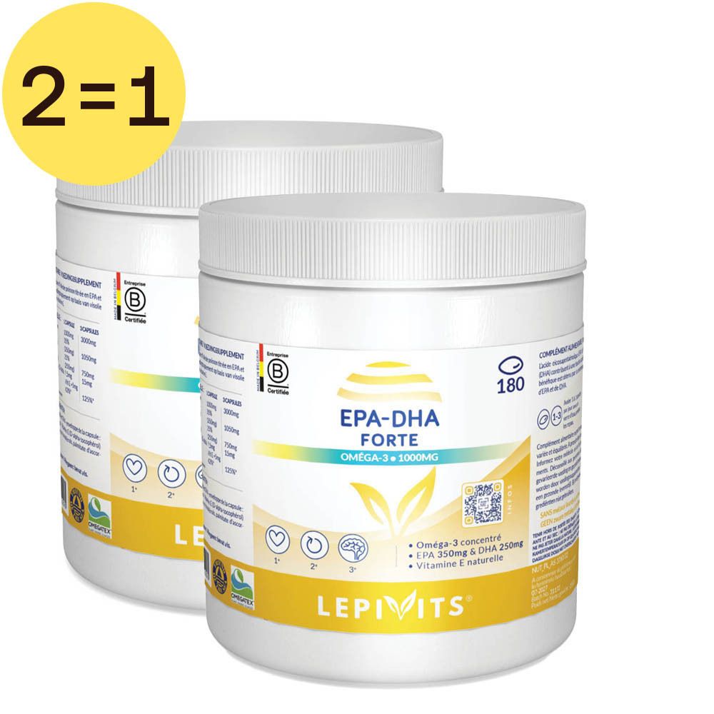 Twee witte potten EPA-DHA Forte. Geel etiket met productinfo en logo. Opschrift: 2=1. Bevat 180 capsules.