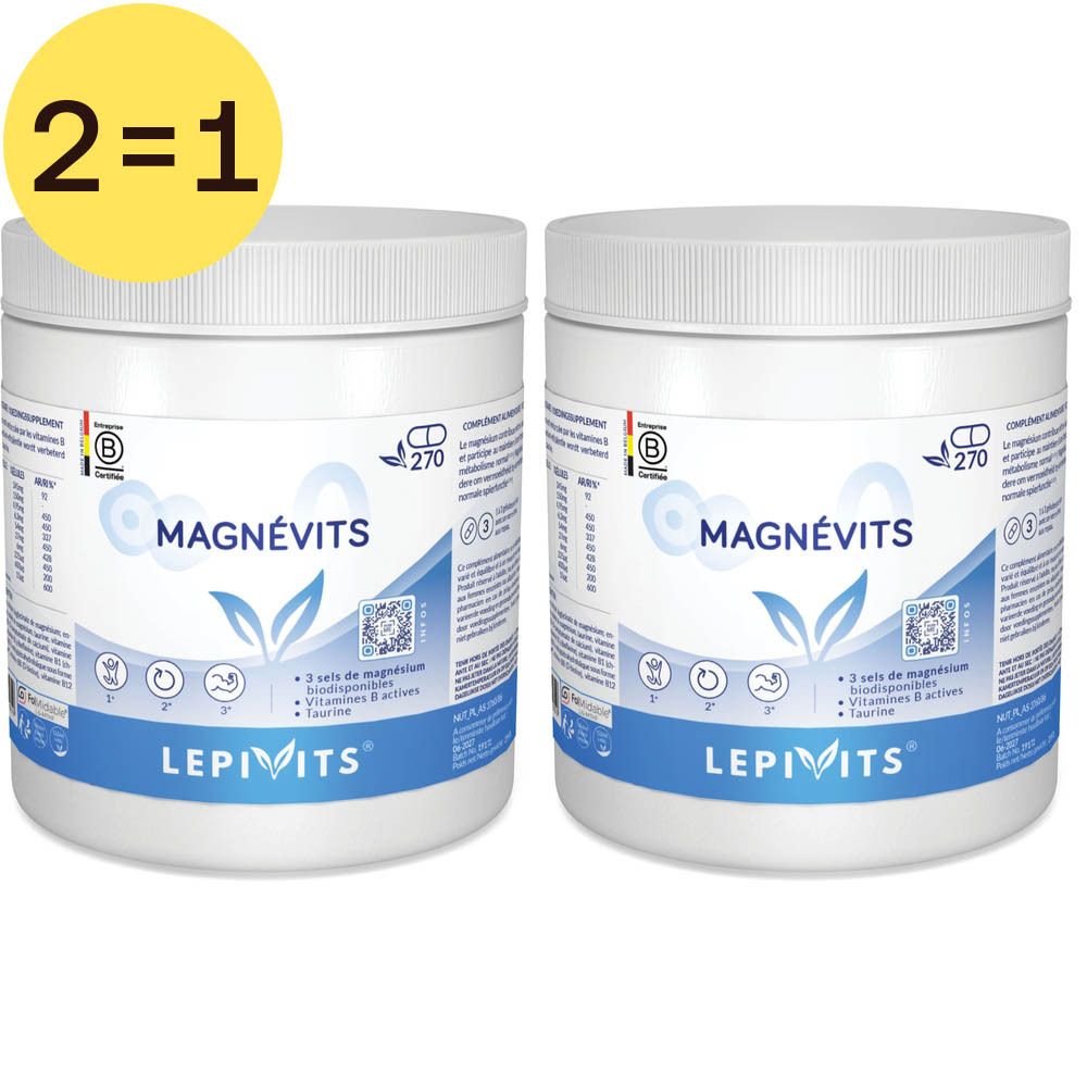 Deux pots blancs avec impression MagnéVits et Lepivits. Symbole jaune 2=1 en haut à gauche.