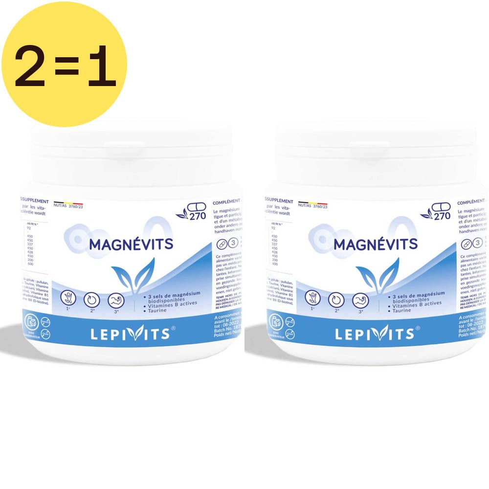 Deux pots blancs avec inscription MagnéVits et Lepivits. Symbole jaune 2=1 en haut à gauche.