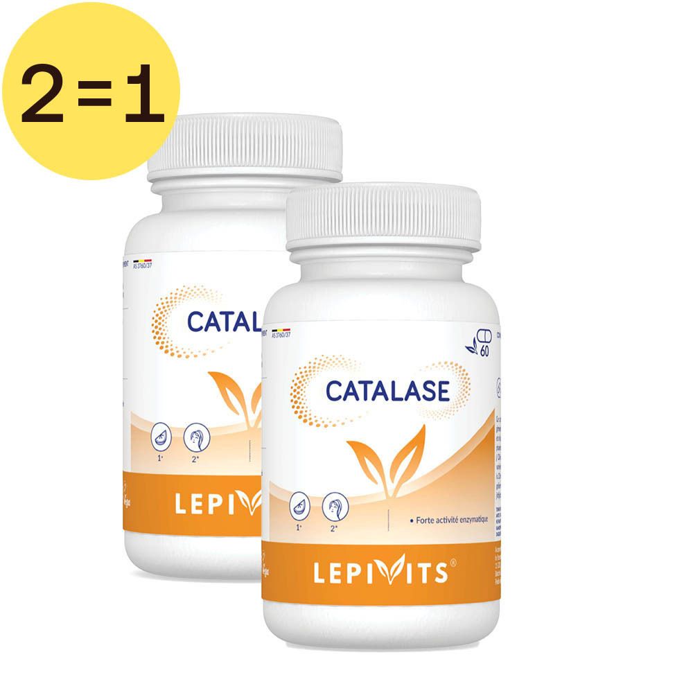 Twee witte flessen met capsules. Opschrift CATALASE en LEPIVITS. Gele cirkel met "2=1".