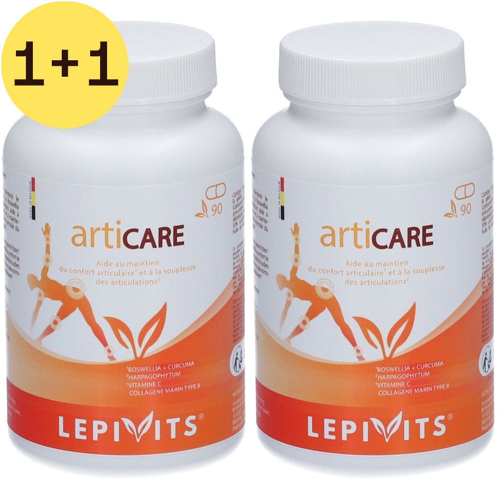 Twee witte flessen met capsules. Opschrift ArtiCare, LepiVits. Gele cirkel met "2=1".