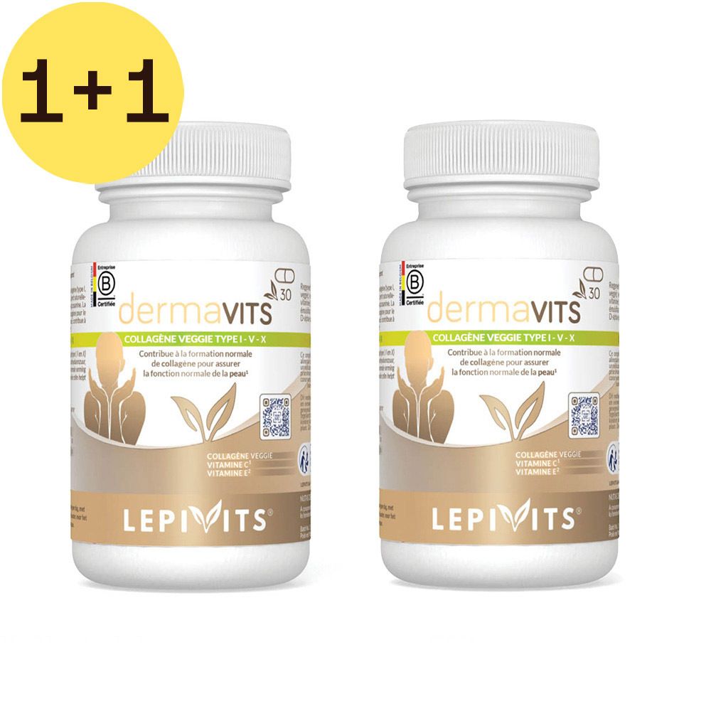 Twee witte flessen met de tekst "dermaVITS" en "LEPIVITS". Een gele cirkel met "2=1" is zichtbaar.