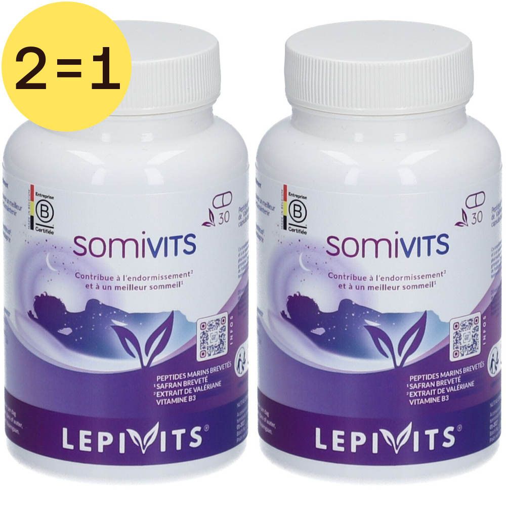 Twee flessen Somivits. Witte flessen met blauw-paars etiket. Opschrift Somivits, sticker 2=1.