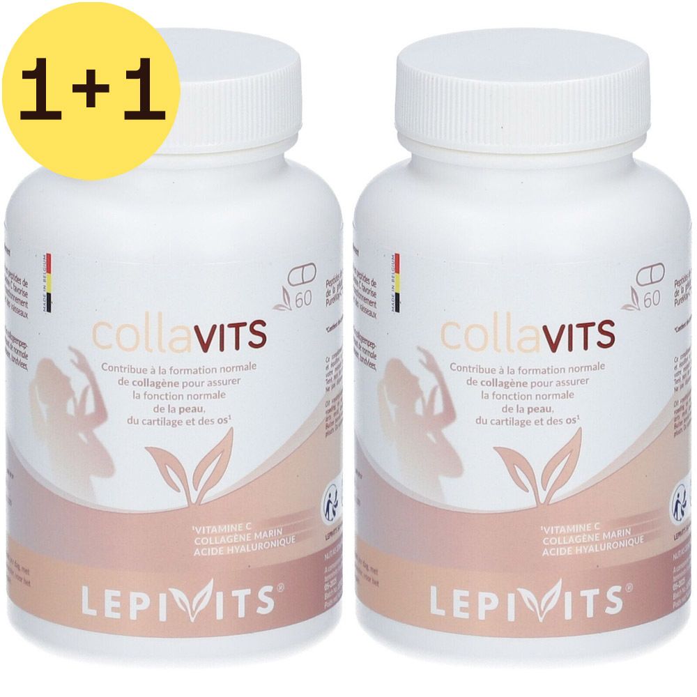 Twee witte flessen "collaVITS". Tekst: "Contribue à la formation normale de collagène". Geel "2=1" symbool.