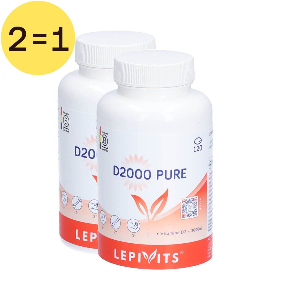 Twee witte flessen met schroefdop. Opschrift: D2000 PURE, LEPIVITS. Gele cirkel met "2=1".
