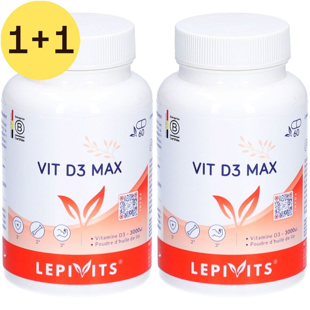 Twee witte flessen met "VIT D3 MAX" en "LEPIVITS" logo. Gele cirkel met "2=1".