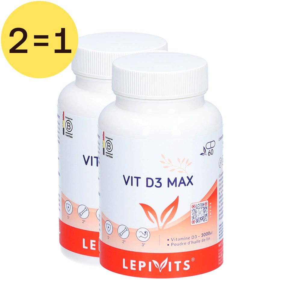 Deux flacons blancs avec "VIT D3 MAX" et le logo "LEPIVITS". Cercle jaune avec "2=1".