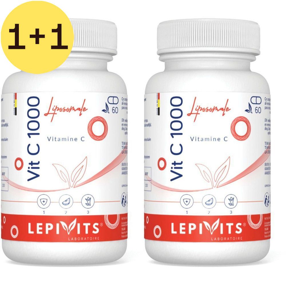 Twee witte flessen met capsules. Opschrift: Vit C 1000, Liposomale, Vitamine C. Merk: LEPIVITS. Gele cirkel met "2=1". 