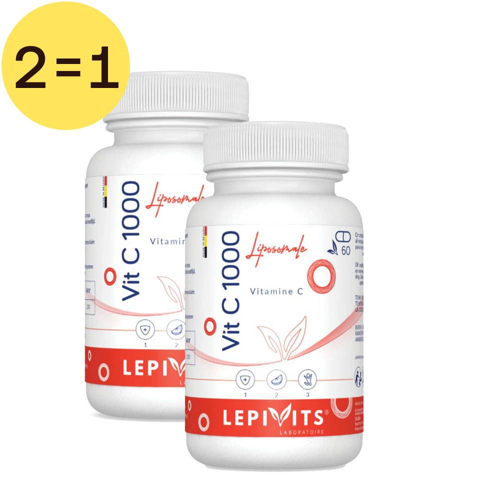 Deux flacons blancs de gélules. Inscription : Vit C 1000, Liposomale, Vitamine C. Marque : LEPIVITS. Cercle jaune avec "2=1".