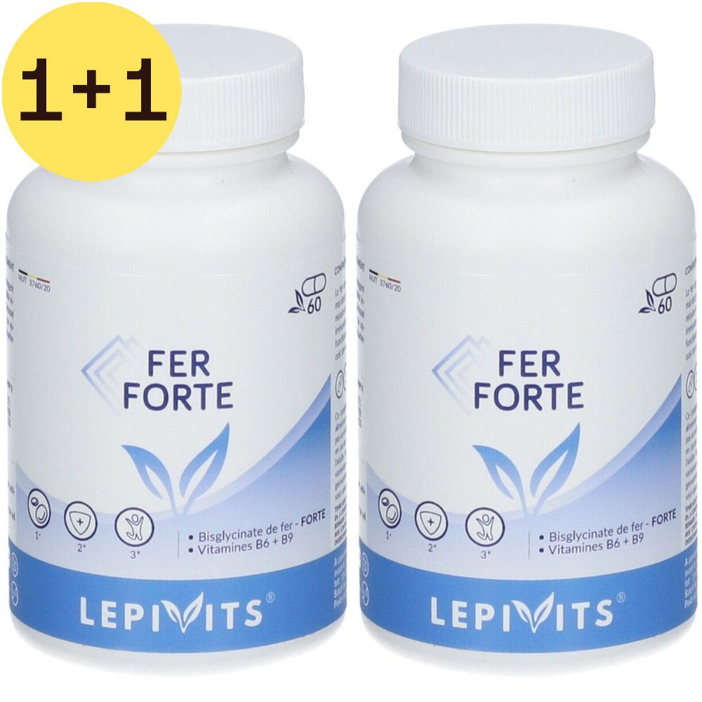 Twee witte flessen met capsules. Opschrift FER FORTE, LEPIVITS. Gele cirkel met "2=1". 