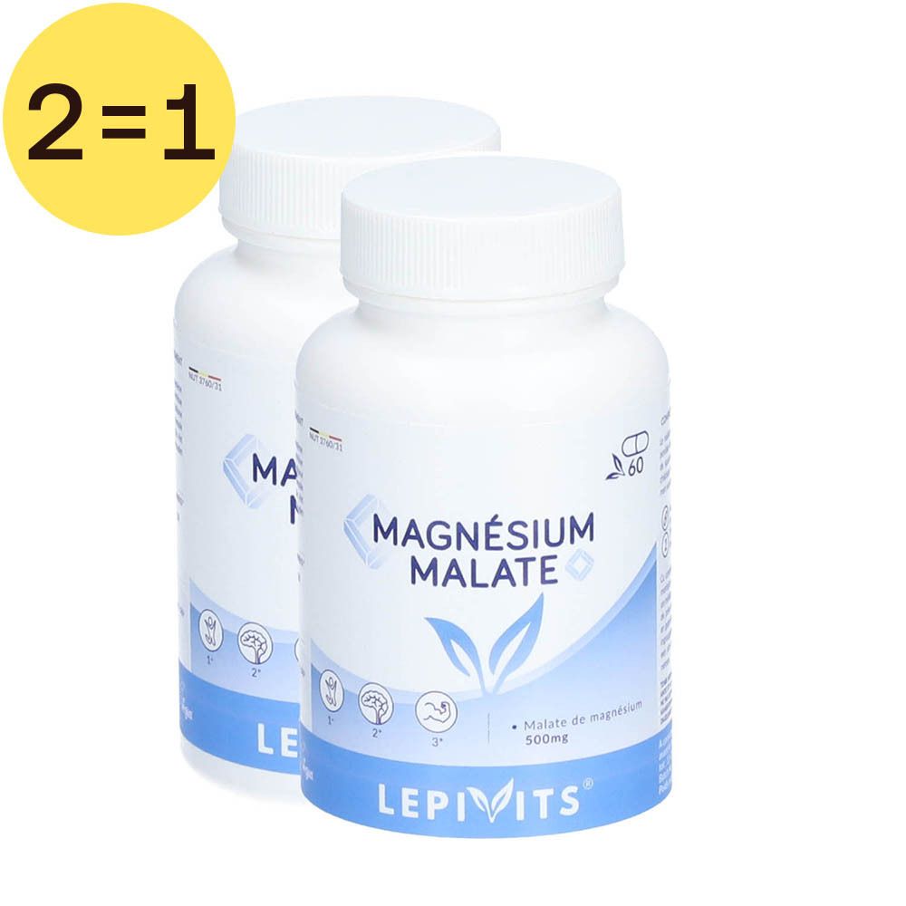 Twee witte flessen Magnesium Malate. Opschrift: LEPIVITS, Magnesium Malate, 2=1. 60 tabletten.