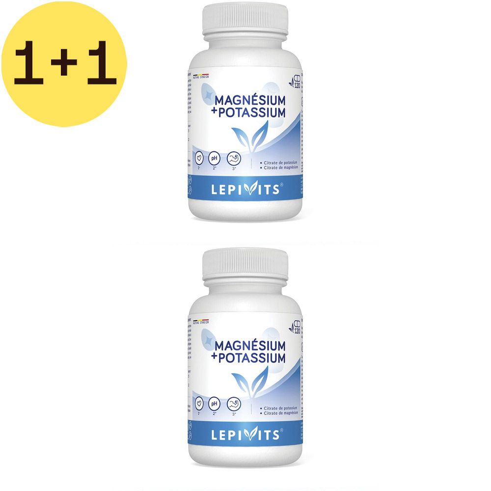 Twee witte flessen met labels. Opschrift: Magnesium + Potassium. Merk: Lepivits. Gele cirkel met "2=1".