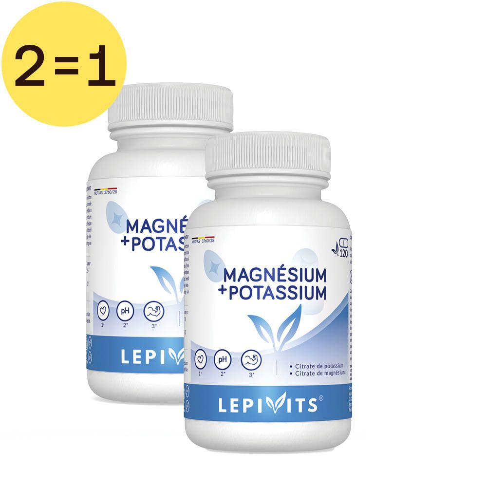 Twee witte flessen met labels. Opschrift: Magnesium + Potassium. Merk: Lepivits. Gele cirkel met "2=1".