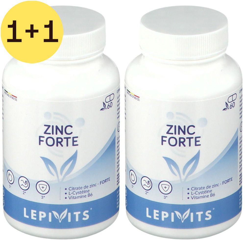 Twee witte flessen Lepivits® Zinc Forte. Opschrift: ZINC FORTE, LEPIVITS. Gele cirkel met "2=1".