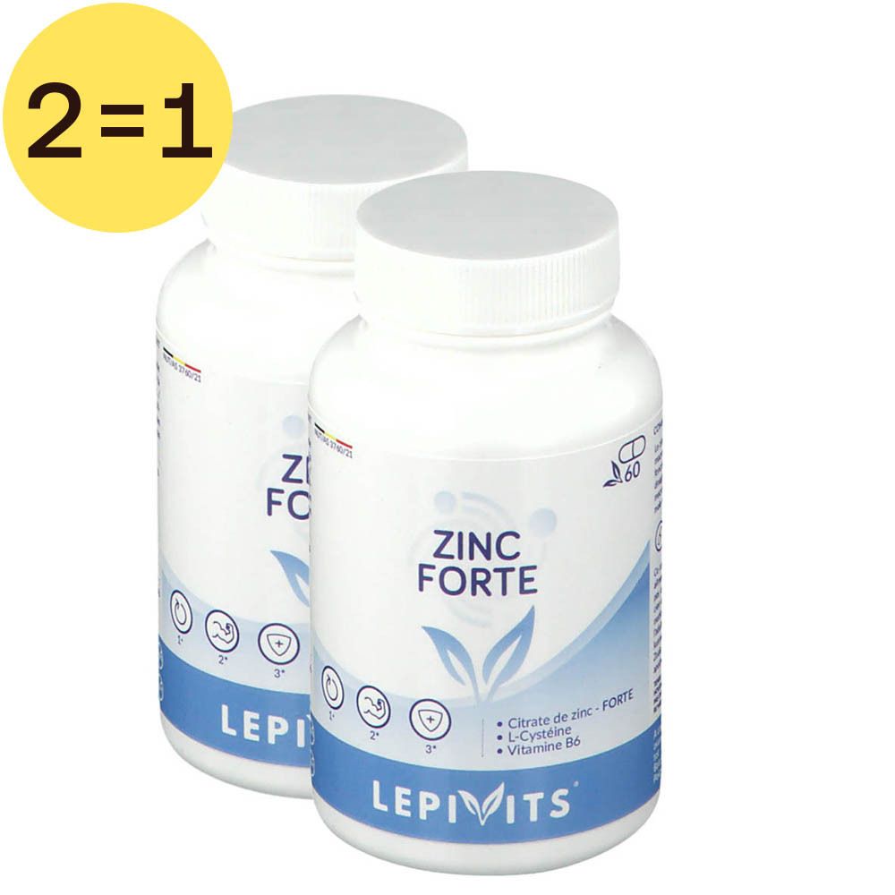 Deux flacons blancs Lepivits® Zinc Forte. Inscription : ZINC FORTE, LEPIVITS. Cercle jaune avec "2=1".