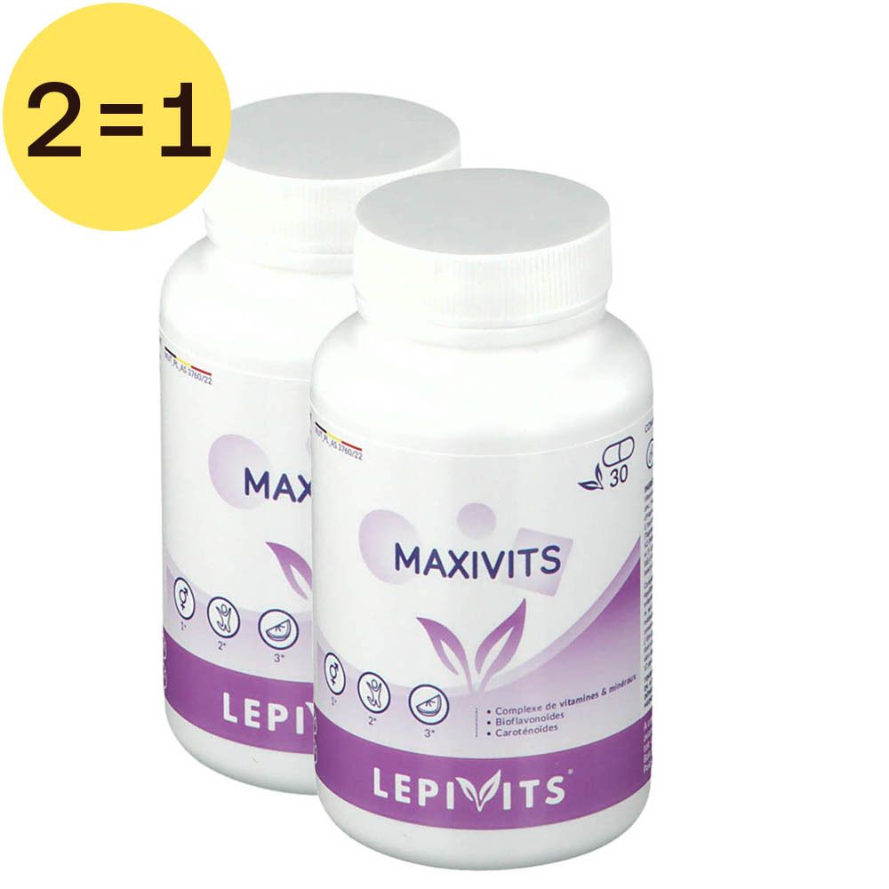 Twee witte flessen met "MAXIVITS" en "LEPIVITS". Gele cirkel met "2=1". Voedingssupplement.