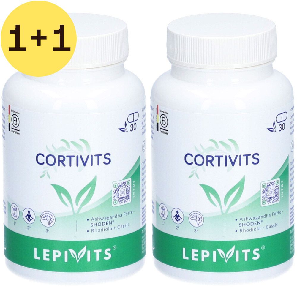 Twee witte flessen met de productnaam CORTIVITS en het merk LEPIVITS. Opschrift "2=1".