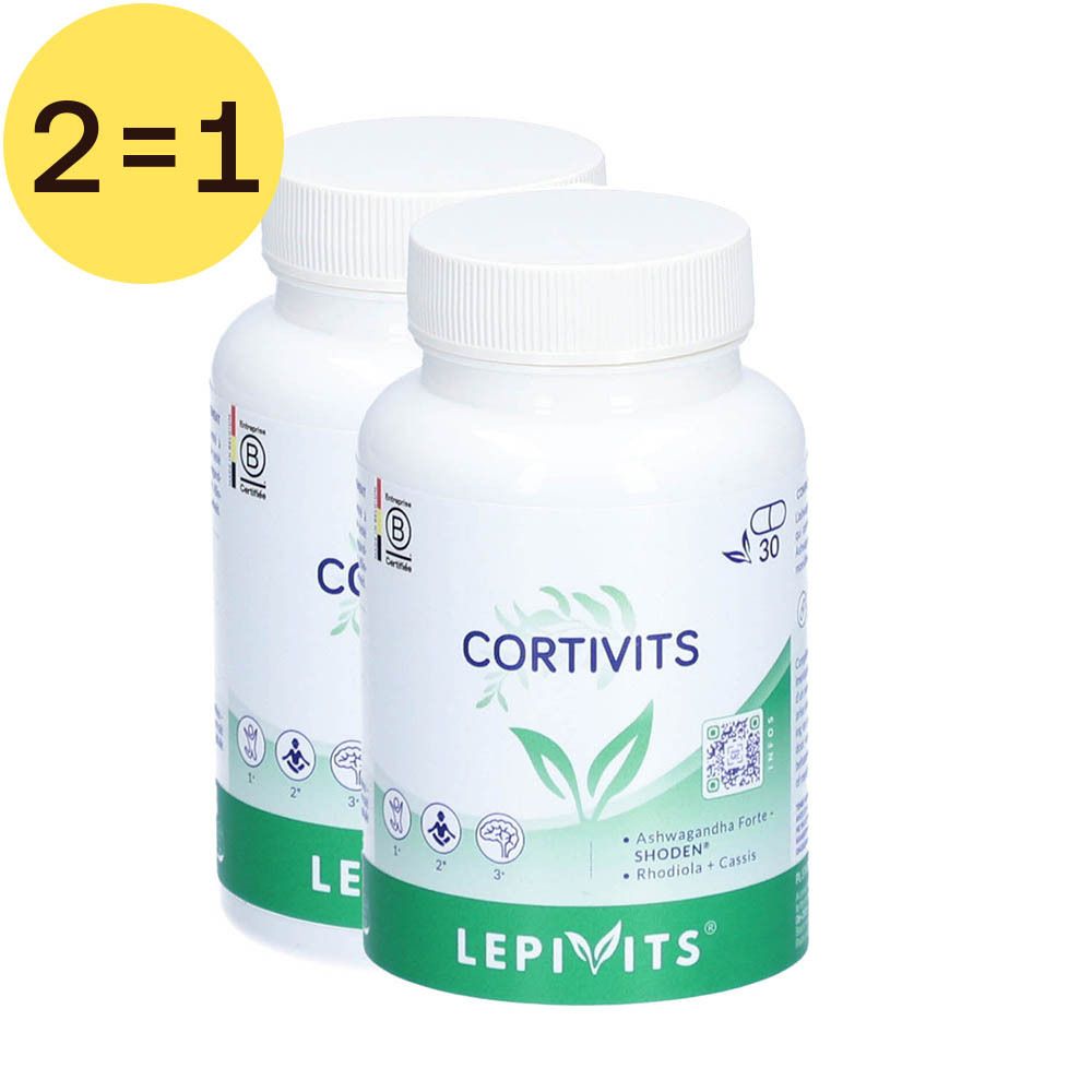Twee witte flessen met de productnaam CORTIVITS en het merk LEPIVITS. Opschrift "2=1".