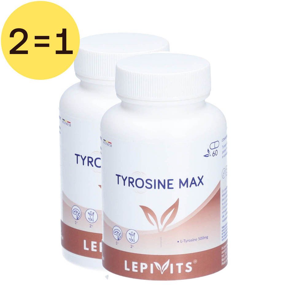 Twee witte flessen met capsules. Opschrift: TYROSINE MAX, LEPIVITS. Gele cirkel met "2=1". 