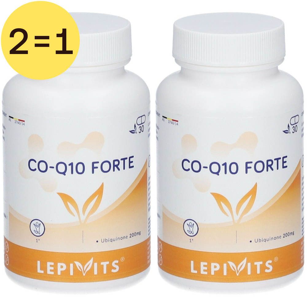 Twee witte flessen met "CO-Q10 FORTE". Een gele markering met "2=1". Daaronder staat "LEPIVITS".