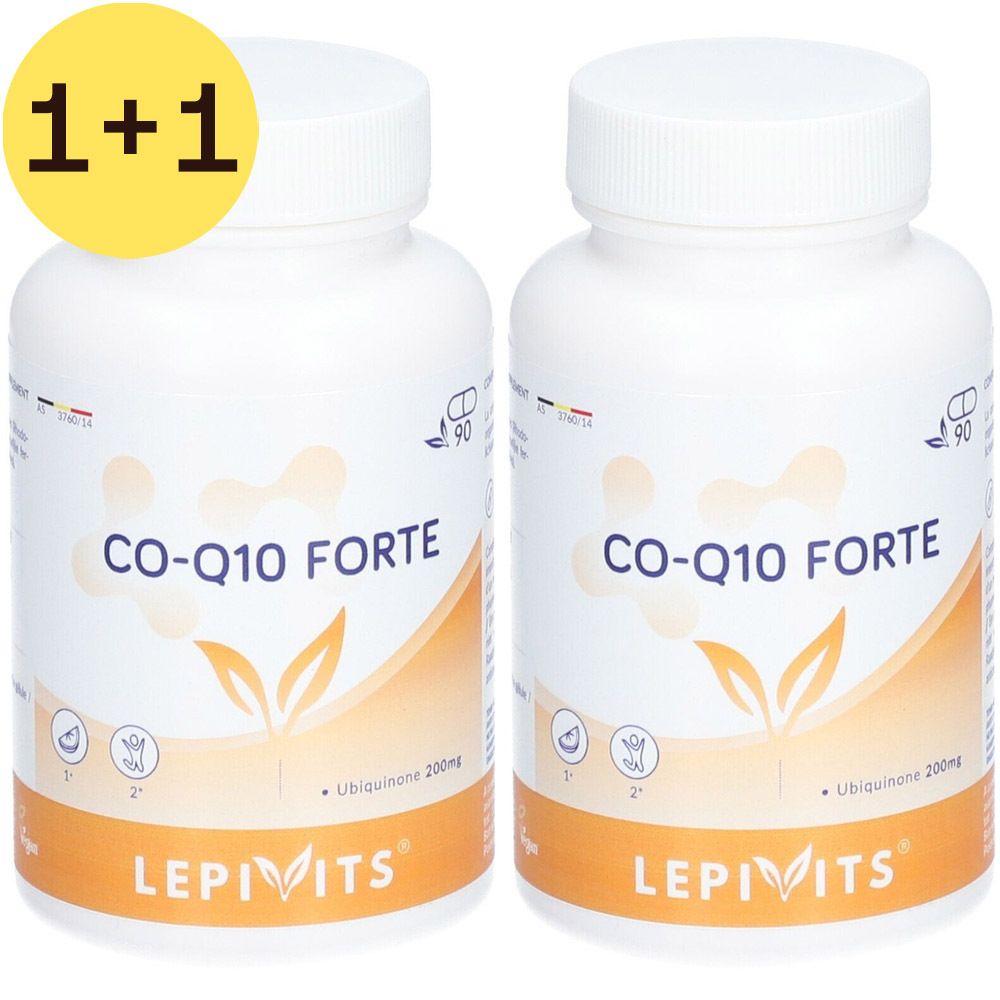 Twee witte flessen met capsules. Opschrift: CO-Q10 FORTE, LEPIVITS. Gele cirkel met "2=1". 